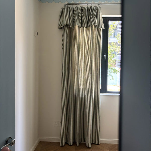 Ruffled Header Striped Linen Curtains, French Vintage Living room Drapes