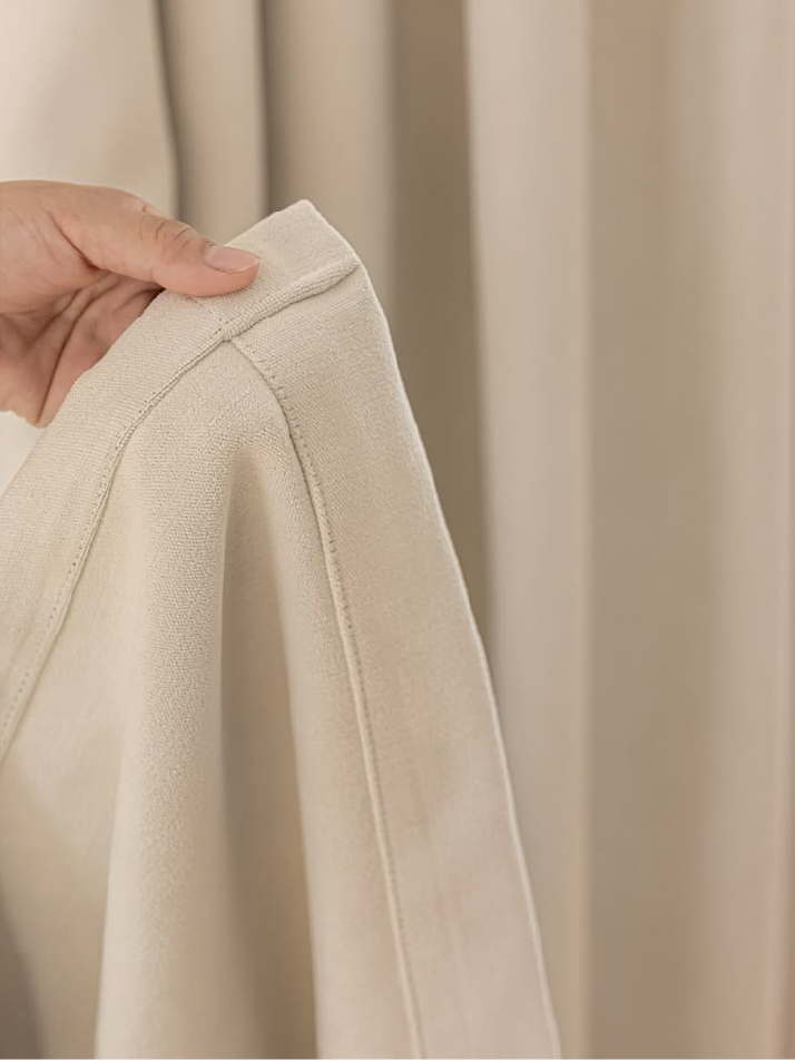 Close view of curtain fabric texture and stitching