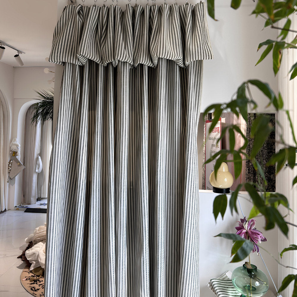 Ruffled Header Striped Linen Curtains, French Vintage Living room Drapes