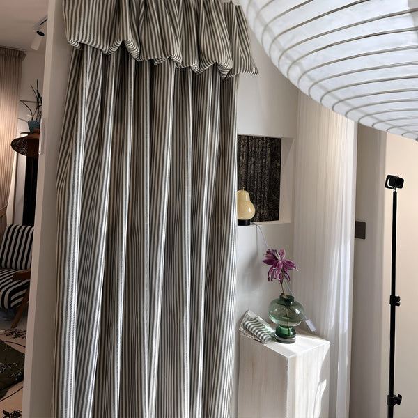 Ruffled Header Striped Linen Curtains, French Vintage Living room Drapes