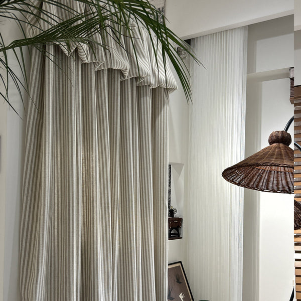 Ruffled Header Striped Linen Curtains, French Vintage Living room Drapes