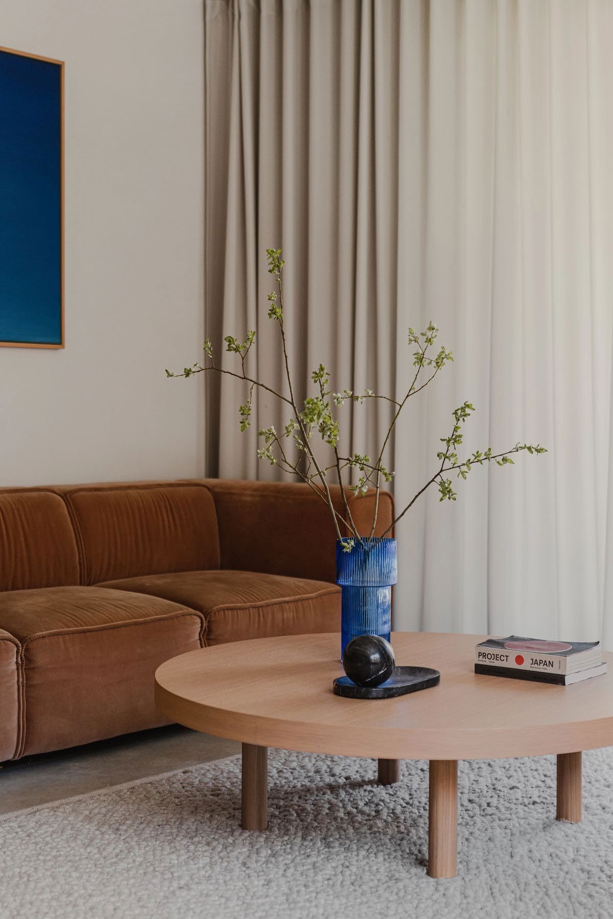 Curtains beside a sofa and coffee table