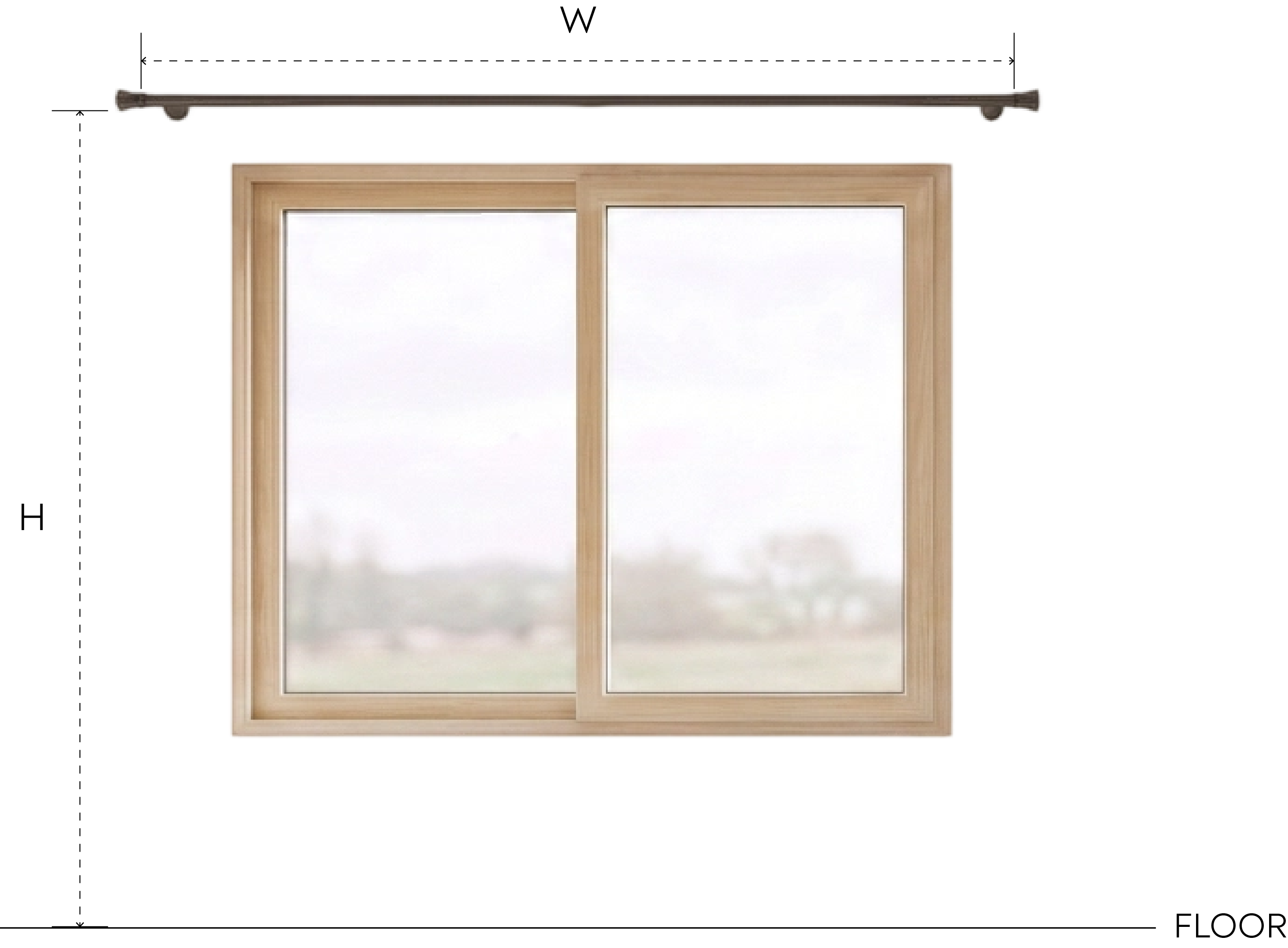 Diagram showing curtain rod width W and floor-to-rod height H